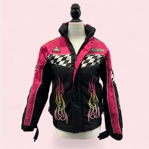 Y2K Pink & Black Flame Racing Snowmobile Jacket ❄️🔥